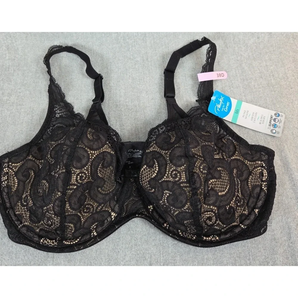 Playtex Love‎ My Curves Bra 38D Black Stretch Lace Cups Sculpted Lift NEW
